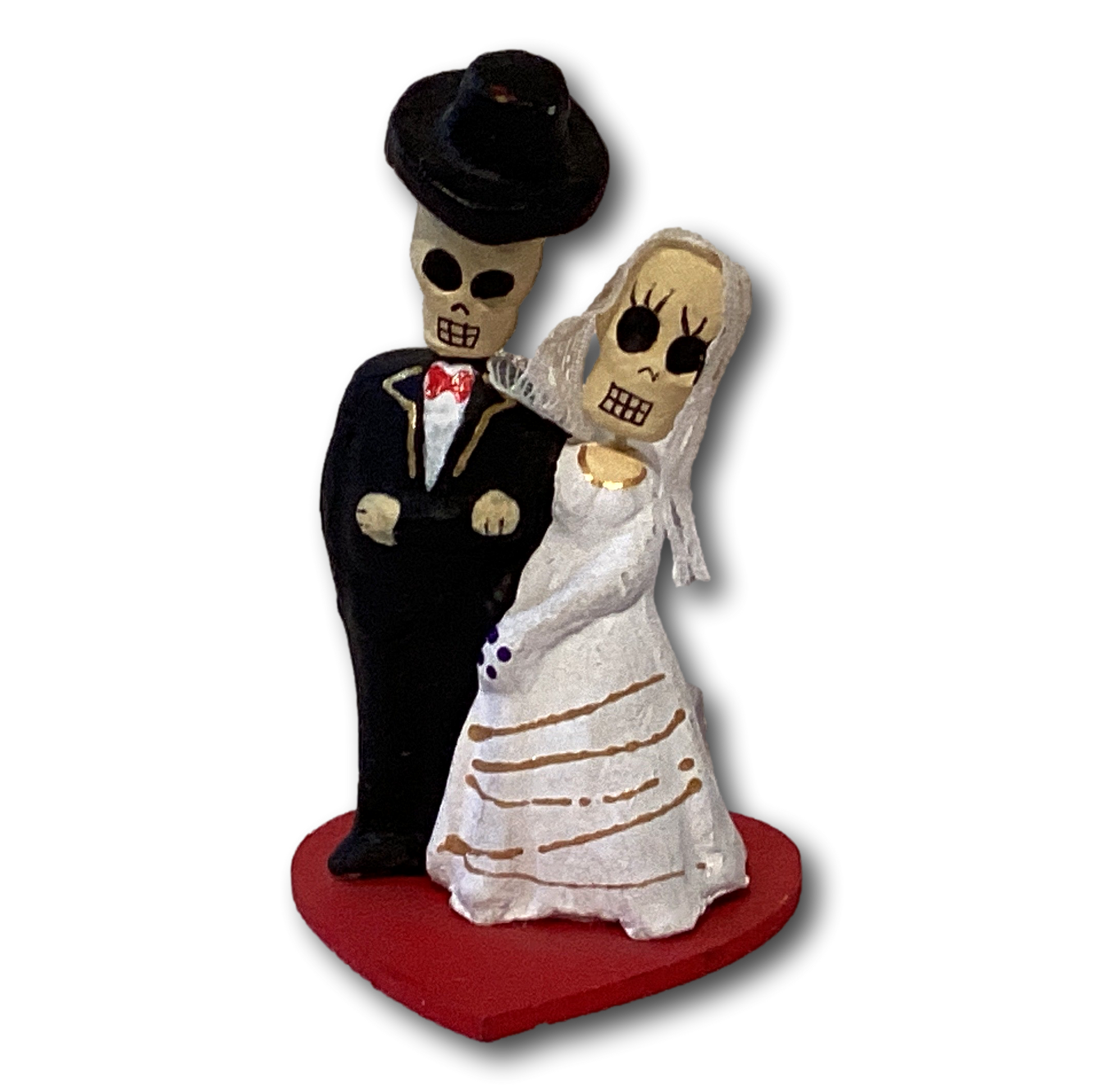 Bride and groom Dia de los Muertos decor figurine from Ysleta Mission Gift Shop, 3.25 inches tall, featuring colorful traditional designs.