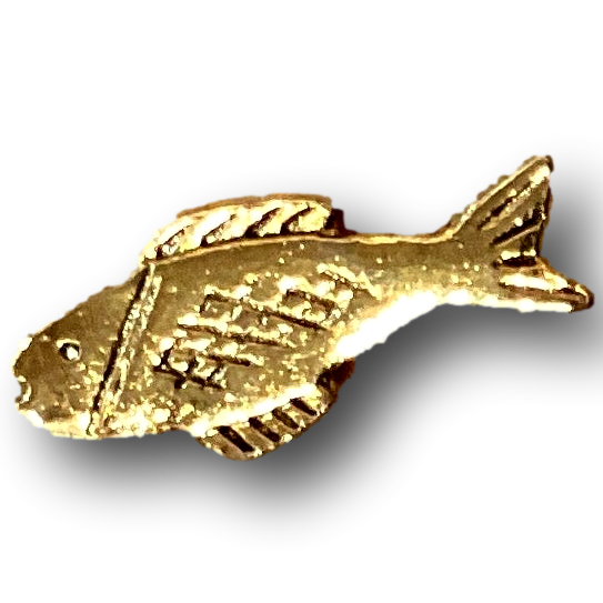 Goldtone fish pin, 0.75 inch Catholic Christian jewelry, symbol of faith, featuring a detailed fish design.