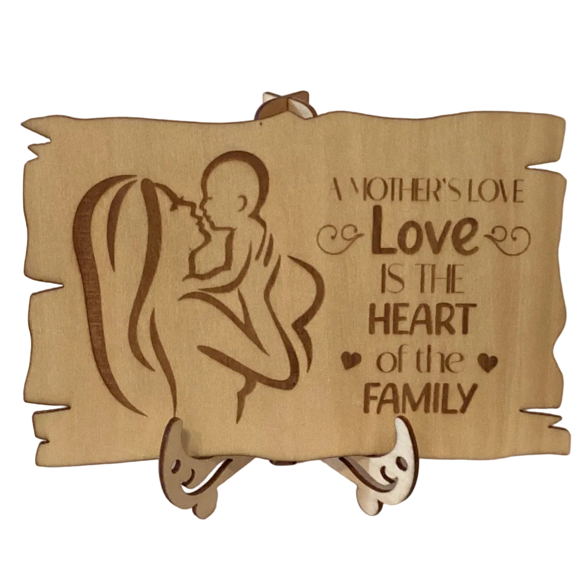 Wood burned mother appreciation plaque with easel, 4-inch size, handcrafted by Ysleta Mission Gift Shop, featuring detailed engraved design.