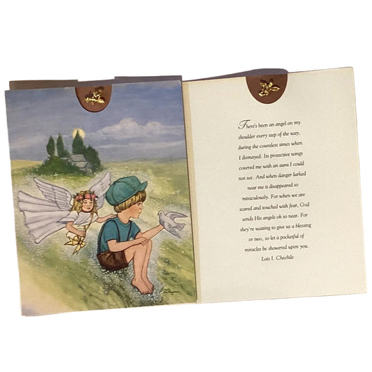 Catholic guardian angel notecard with keepsake angel pin, featuring religious Christian greeting card design and angel illustration.