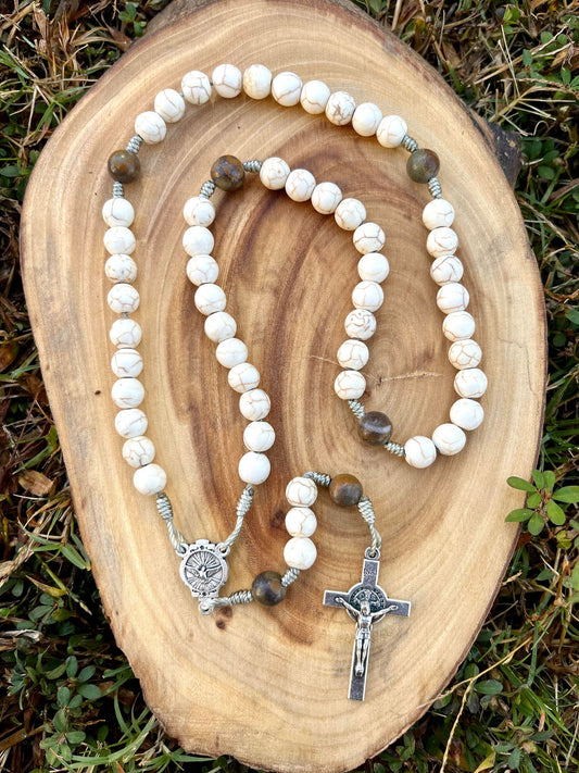 Rosary Five Decade Catholic Stone Cream Synthetic Holy Ghost Benedict Crucifix