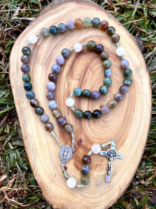 Rosary Five Decade Catholic Stone Indian Agate and White Jade Miraculous Medal Benedict Crucifix