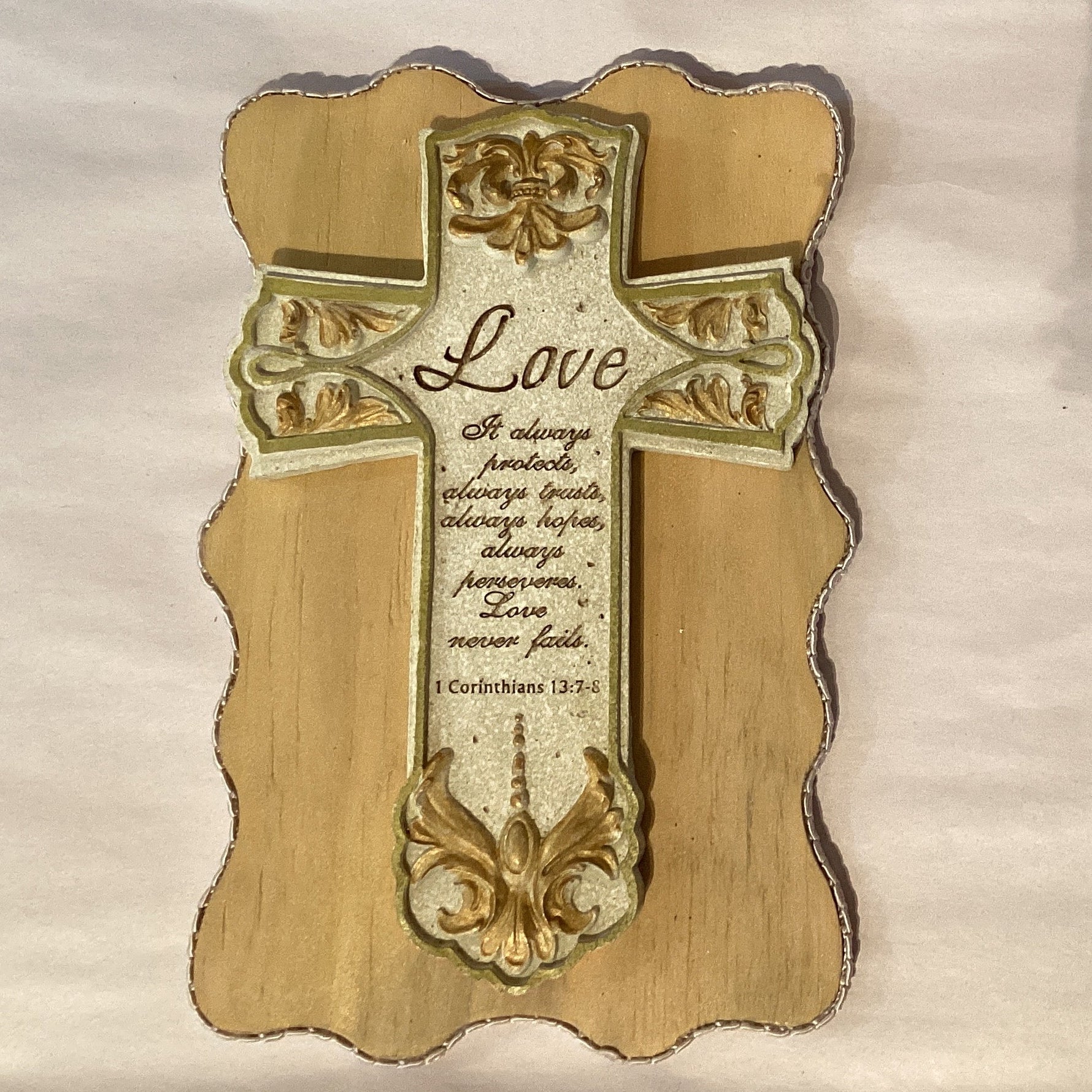 1 Corinthians 13:7-8 Scripture Cross Plaque Christian Wood Wall Decor 7x4