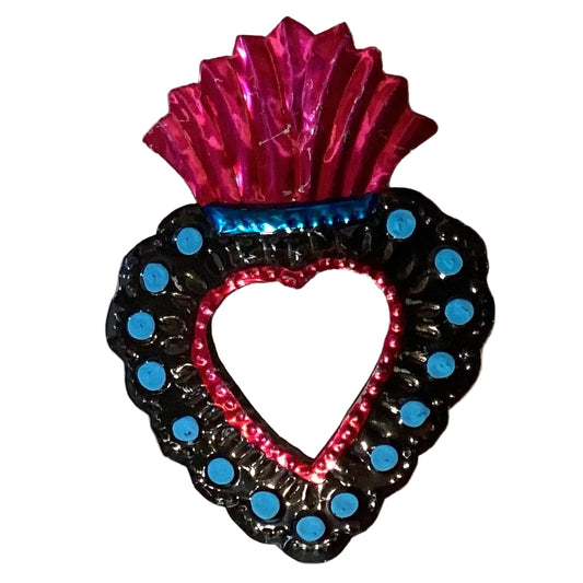 Mexican tin heart mirror ornament, 5-inch decorative refrigerator magnet with vibrant colors and handcrafted design.