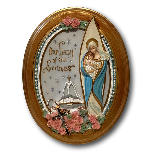 Catholic Our Lady of the Snows devotional plaque, 8-inch religious wall decor featuring detailed image and Christian symbolism.