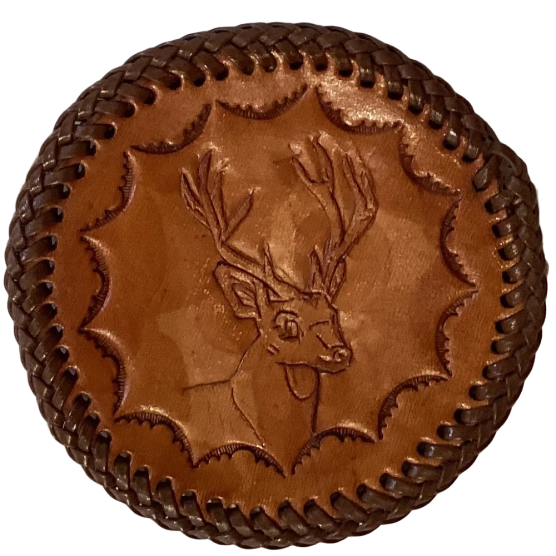 Leather embossed 3.5-inch coasters featuring detailed tribal designs, perfect for protecting surfaces and adding rustic style.