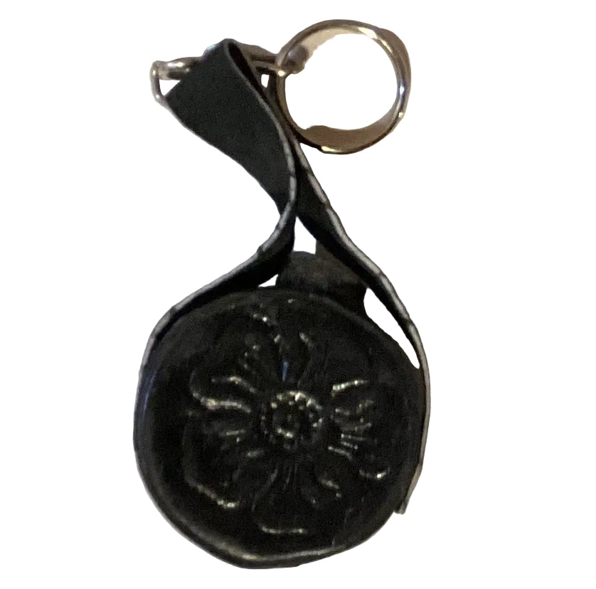 Leather keychain with 1-inch canteen design from Ysleta Mission Gift Shop, featuring El Paso souvenirs and accessories.