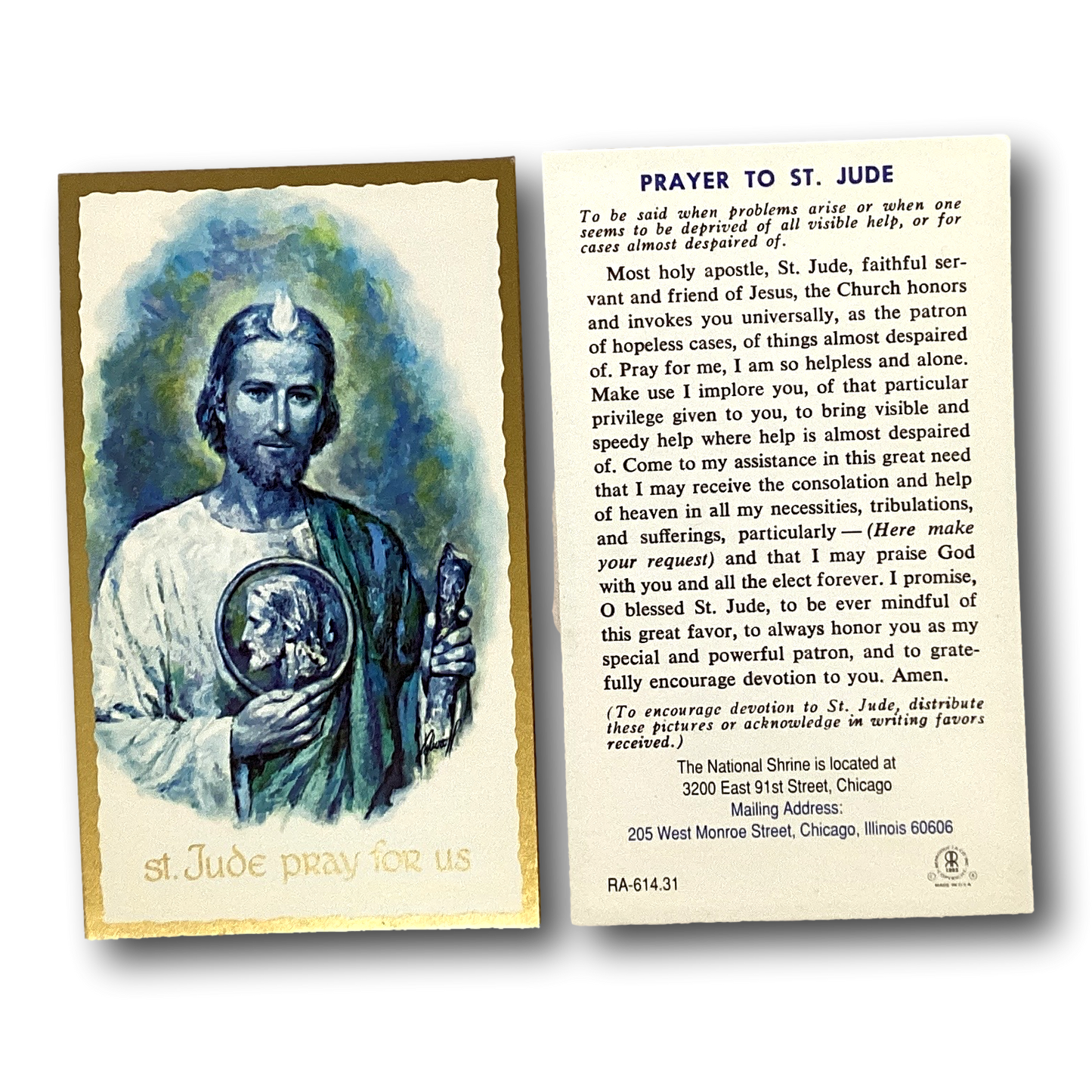 Prayer to Saint Jude prayer card featuring religious artwork and text, used for devotion and spiritual reflection.