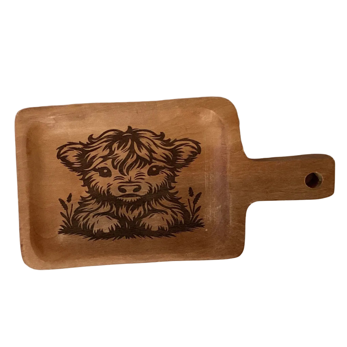 Wood etched cow design 9-inch pot holder from Ysleta Mission Gift Shop featuring rustic cow artwork on natural wood surface.