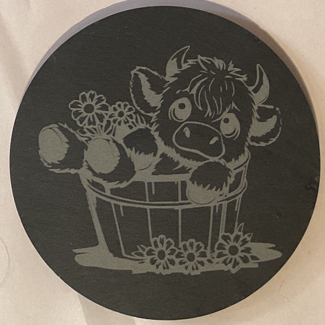 Cow design stone coasters set, 4-inch size, featuring rustic cow artwork perfect for farmhouse decor.