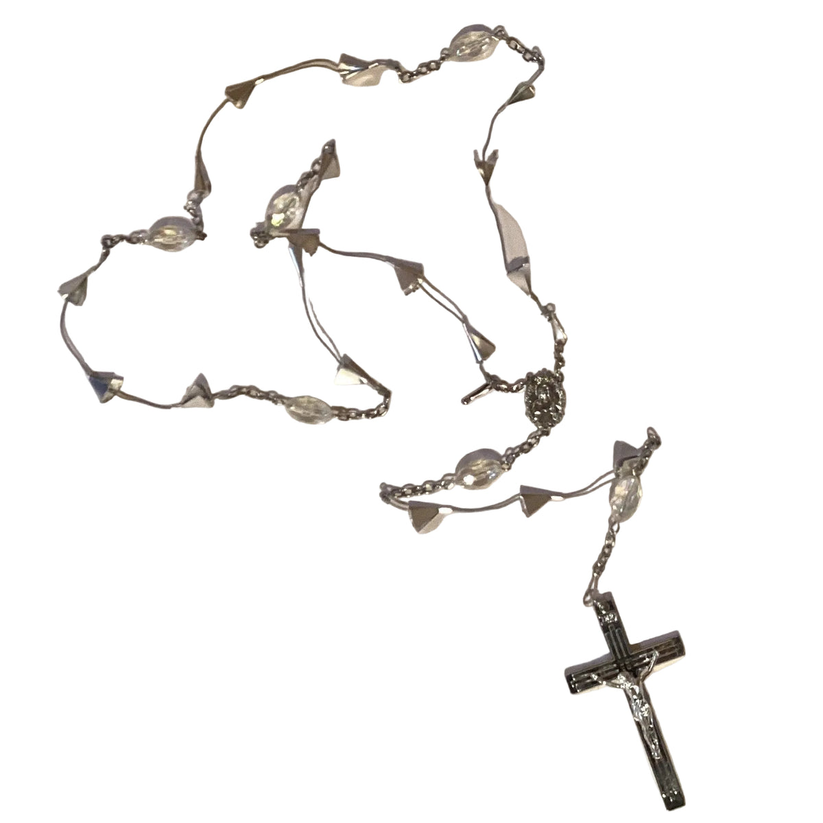 Silver Catholic rosary wall decor with five-decade design, featuring faith-inspired hanging details, ideal for Christian home prayer space.