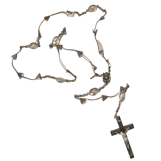 Silver Catholic rosary wall decor with five-decade design, featuring faith-inspired hanging details, ideal for Christian home prayer space.
