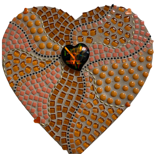 Heart Mosaic Wood Heart In Orange With Resin Black Heart 12”X11”