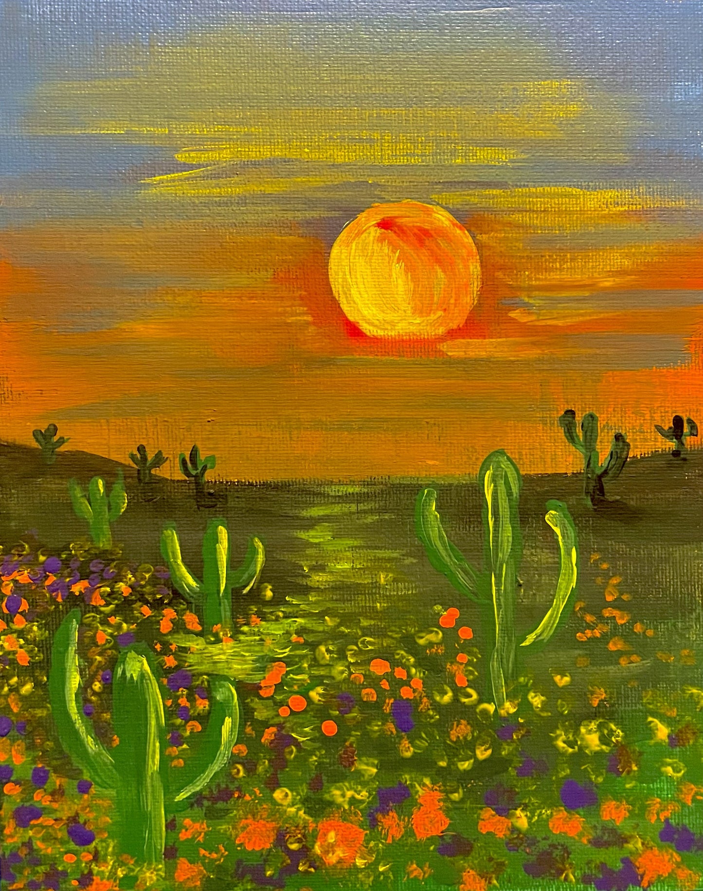 Sunset desert landscape magnet by Sylvia Leroux featuring an original 4x6 painting of El Paso scenery.