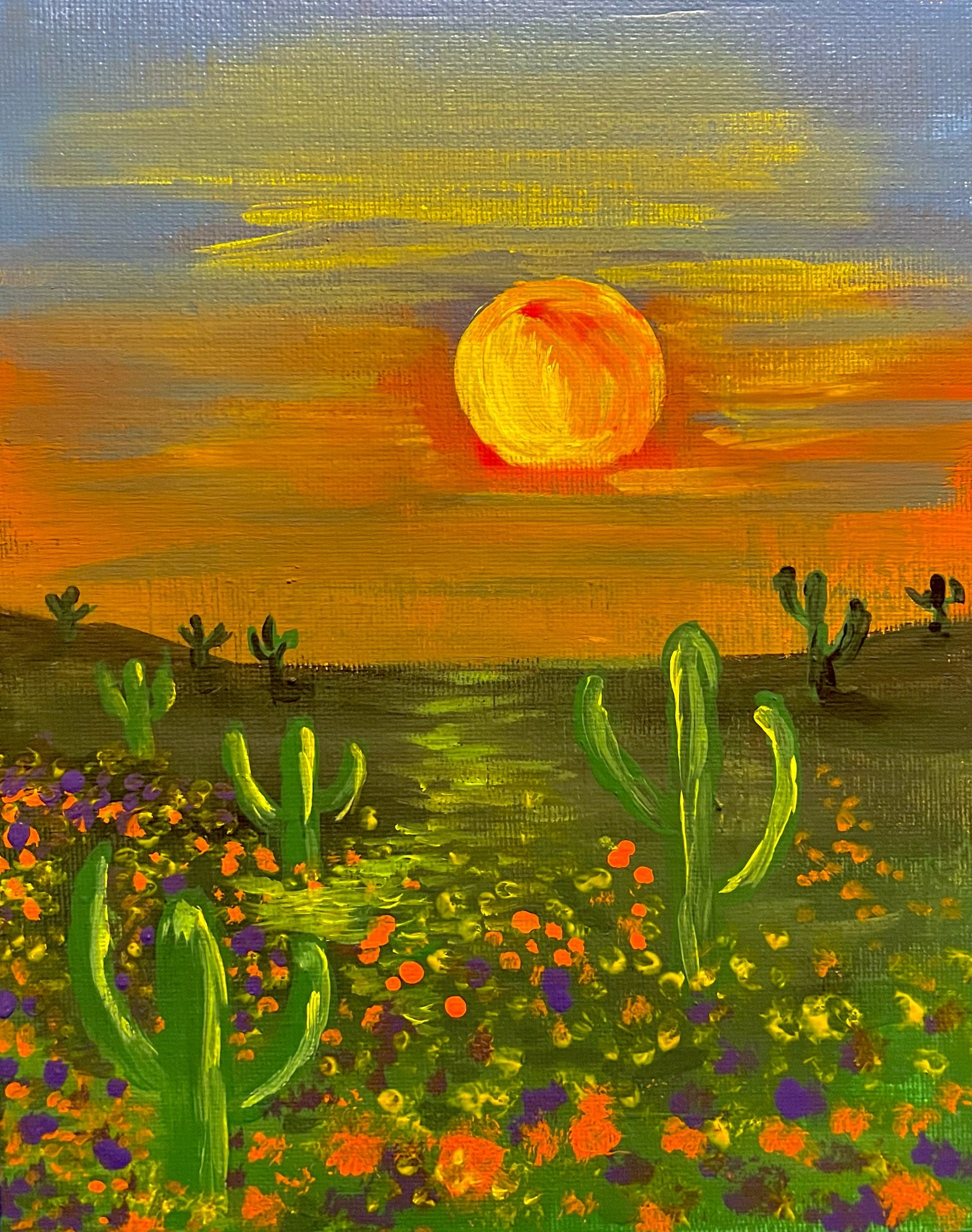 Sunset desert landscape magnet by Sylvia Leroux featuring an original 4x6 painting of El Paso scenery.