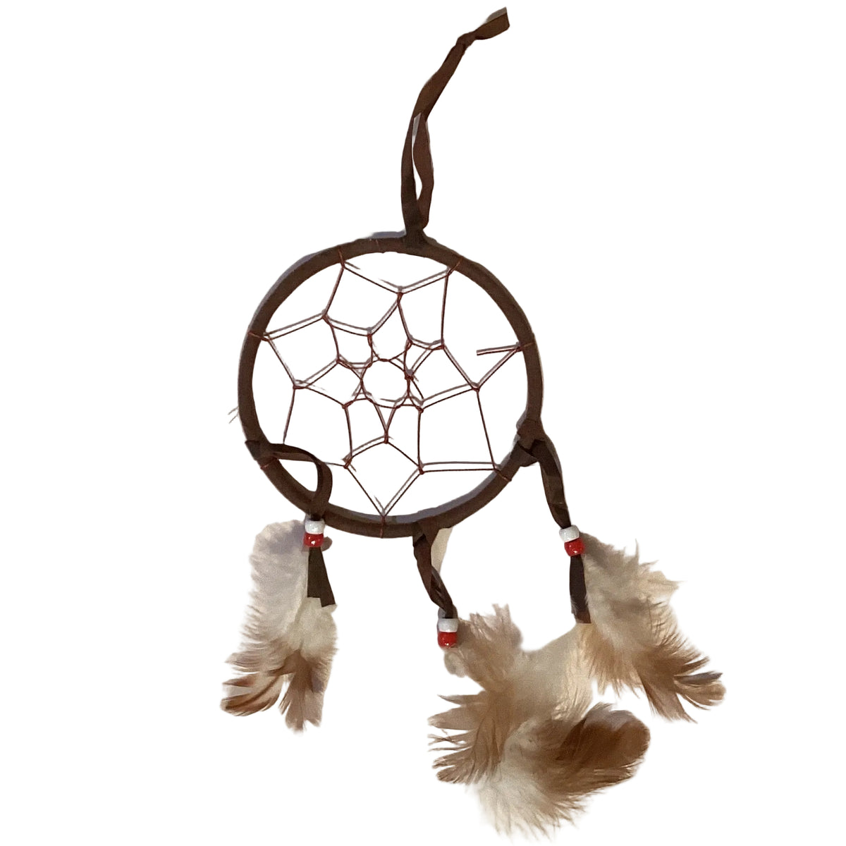 Earth-tone dreamcatchers from Ysleta Mission Gift Shop, decorative wall art featuring feathers and woven patterns for home decor.