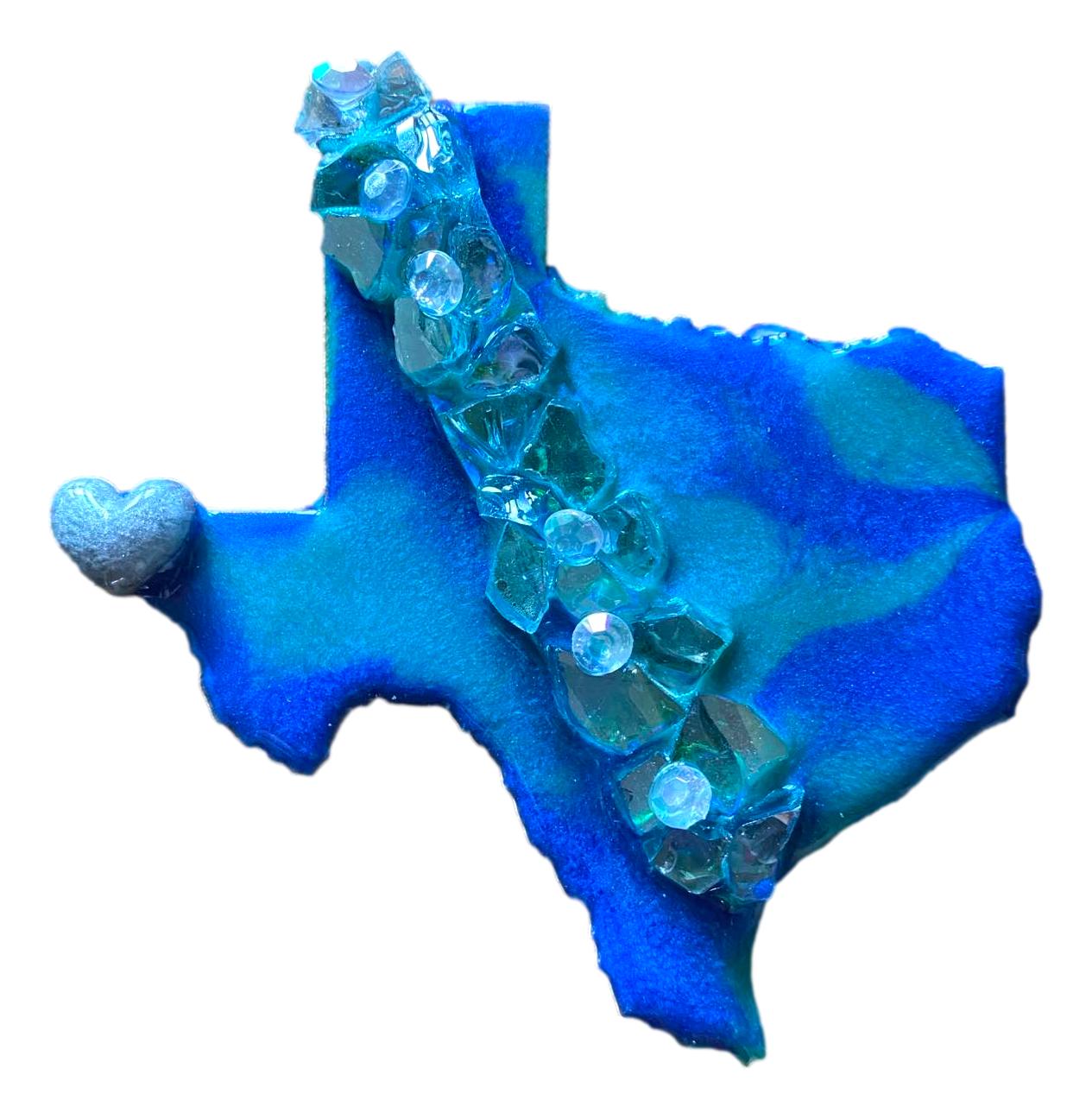 Souvenir Magnet Texas Shaped Blue Green Metallic Resin Over Wood Heart Marking El Paso 4.5x4