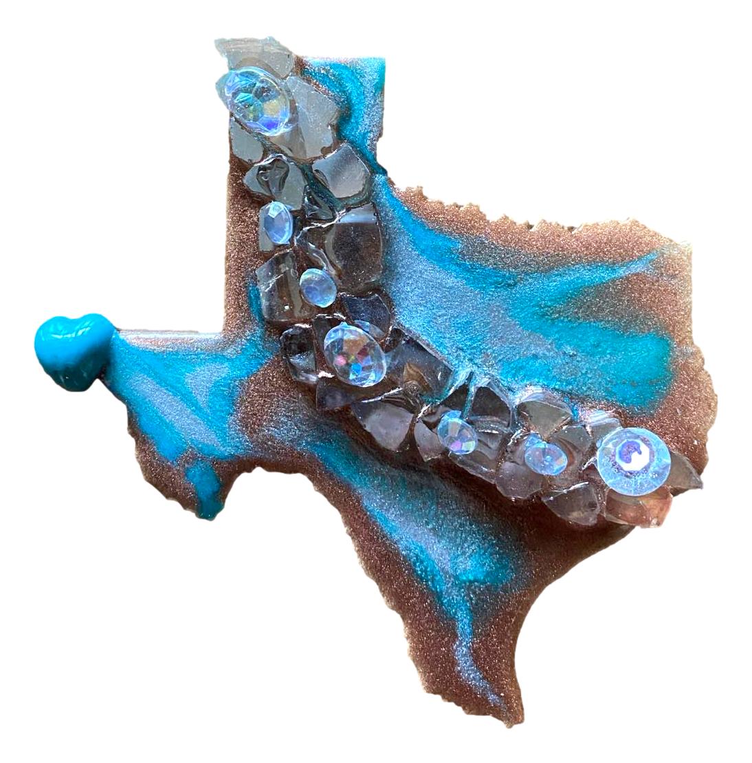 Souvenir Magnet Texas Shaped Metallic Copper Turquoise White Resin Wood Heart Marking El Paso 4.5x4
