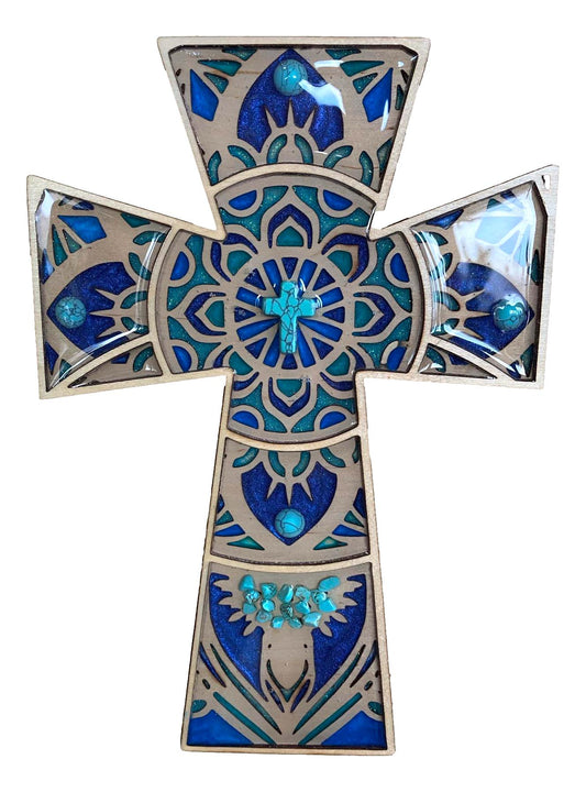 Cross Resin Wood Backing Blues Hues 10x7 Inches