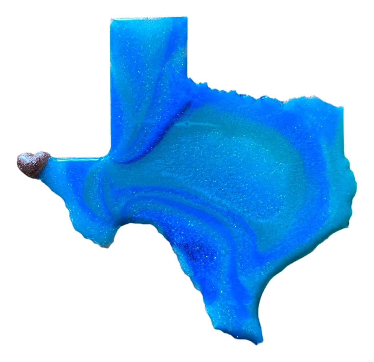 Souvenir Magnet Texas Shaped Blue Green Metallic Resin Over Wood Heart Marking El Paso 4.5x4
