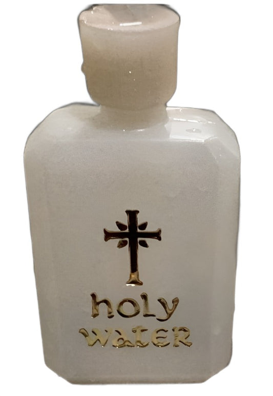 Holy water bottle plastic gold cross and holy water emblem