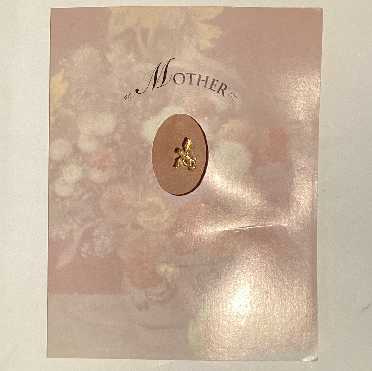 Mother religious card with angel keepsake pin, featuring Catholic Christian imagery and heartfelt design for spiritual greeting.