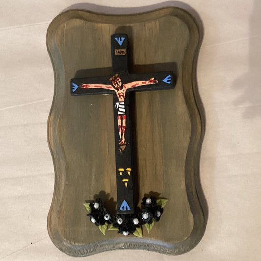 Hand Painted Crucifix Plaque with Black Flowers Religious Wall Decor 7x4