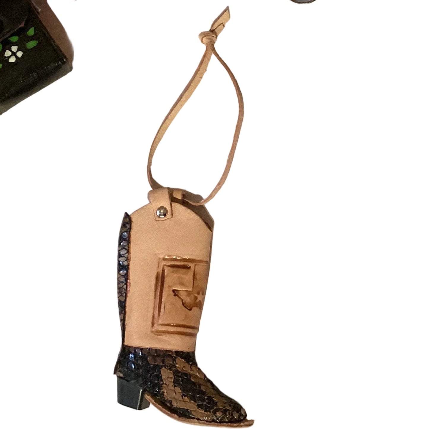 Mini leather cowboy boot keychain in western style with stitching details, from Ysleta Mission Gift Shop.