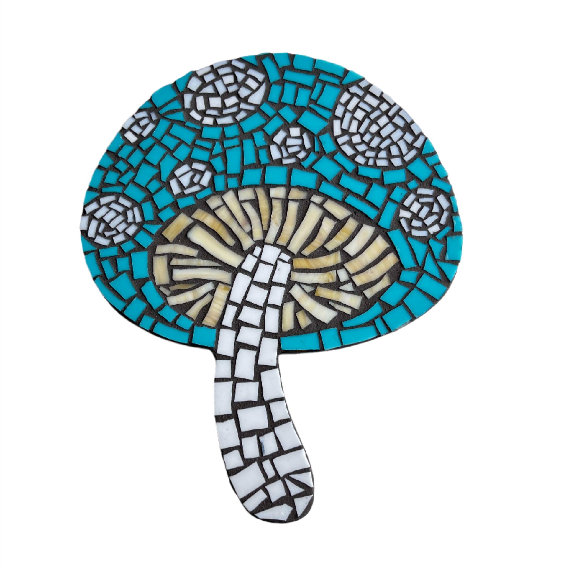 Handpainted Blue Mushroom Mosaic – 9.5"x7.5" Glass Tile Over Wood Backing 