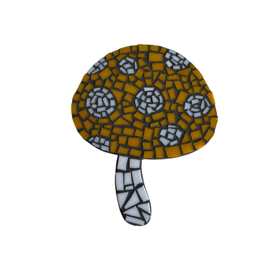 Handpainted Mushroom Mosaic – 6.5"x5" Glass Tile Over Wood Backing 