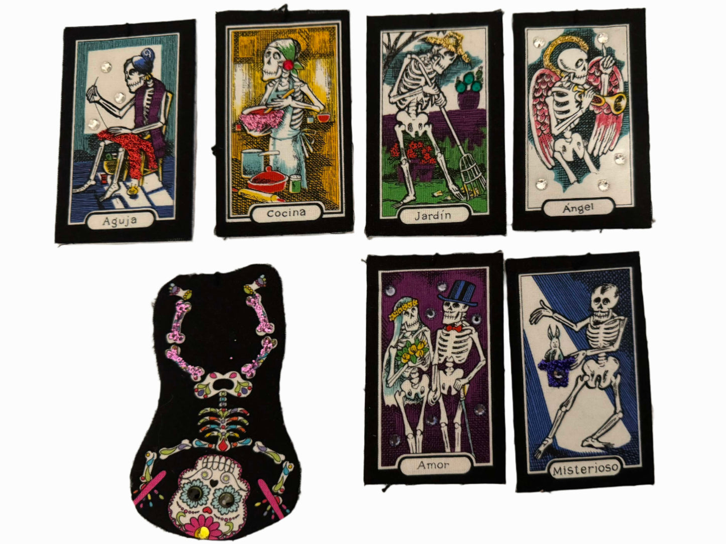 Ornament Loteria Skeleton Black Fabric Images Various Designs 4 in. X 2.5in. - Ysleta Mission Gift Shop