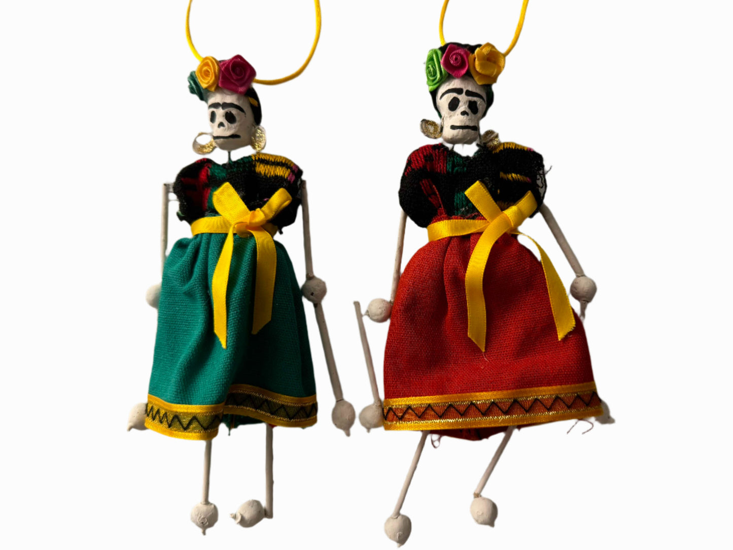 Day of the Dead Ornament Catrina Dancing Skeleton Handcrafted Skilled Mexico Artist 6.5 H Inches Clay Fabric Paper Yellow Cord - Ysleta Mission Gift Shop