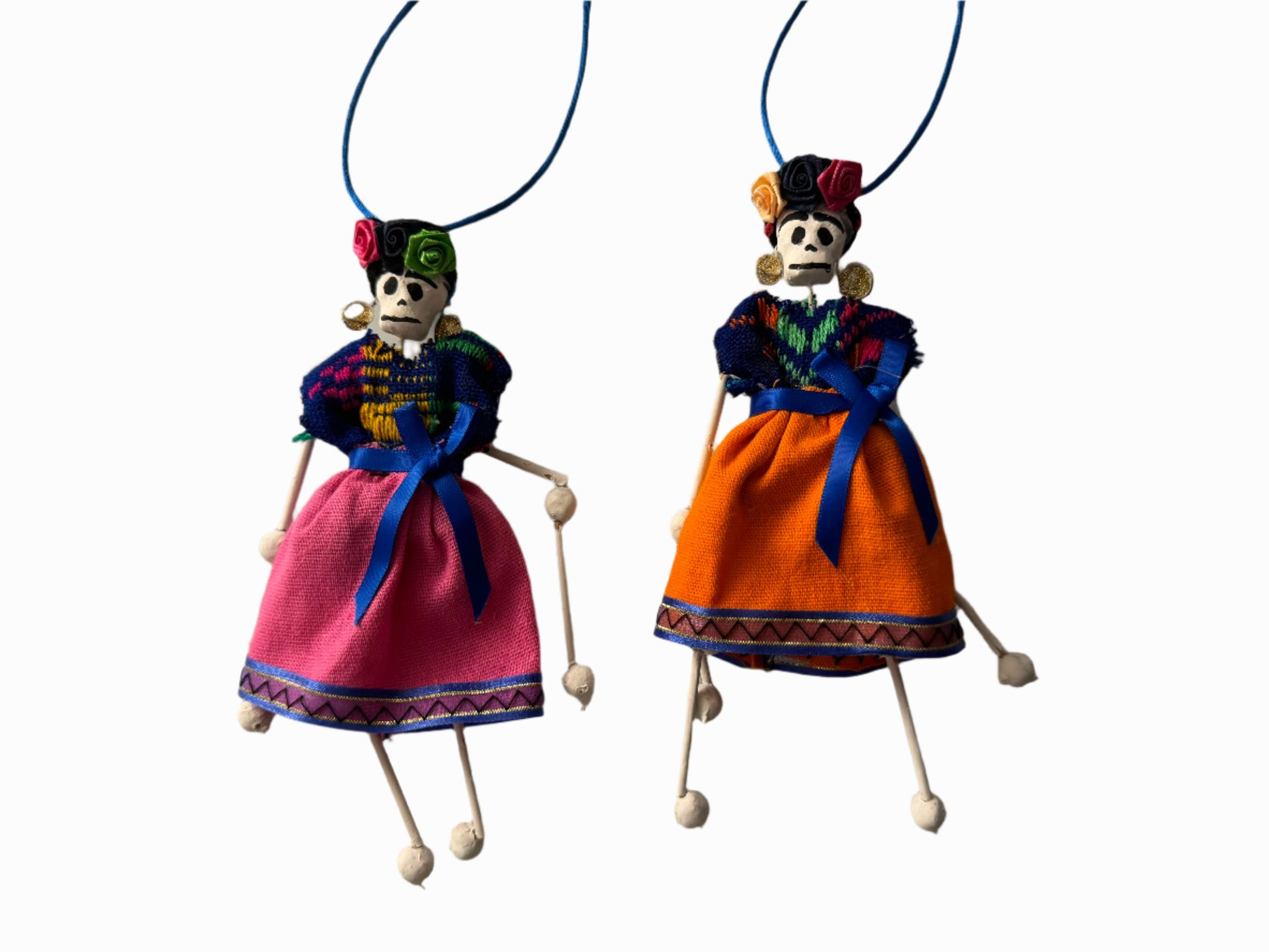 Day of the Dead Ornament Catrina Dancing Skeleton Handcrafted Skilled Mexico Artist 6.5 H Inches Clay Fabric Paper Blue Cord - Ysleta Mission Gift Shop