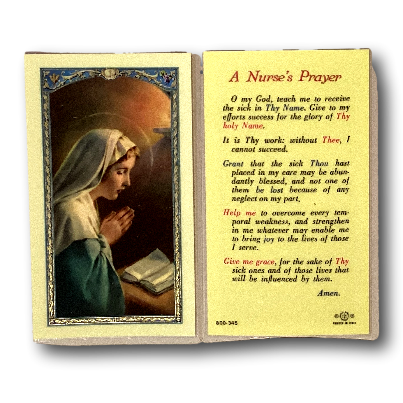 Nurse’s Prayer prayer card from Ysleta Mission Gift Shop featuring a religious design and comforting message for healthcare professionals.