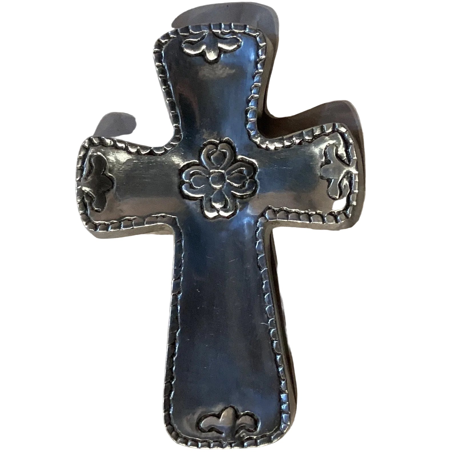 Pewter 5-inch Christian cross with detailed design, crafted by Ysleta Mission Gift Shop, displayed on a neutral background.