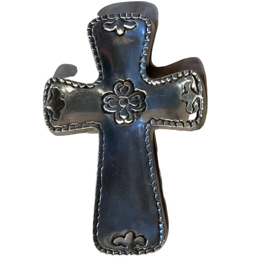 Pewter 5-inch Christian cross with detailed design, crafted by Ysleta Mission Gift Shop, displayed on a neutral background.