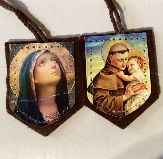 Vintage Catholic scapular featuring images of Immaculate Conception and Saint Anthony, from Ysleta Mission Gift Shop.