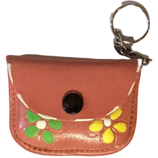 Mini leather coin purse keychain featuring Western style design, from Ysleta Mission Gift Shop, with intricate details and compact size.