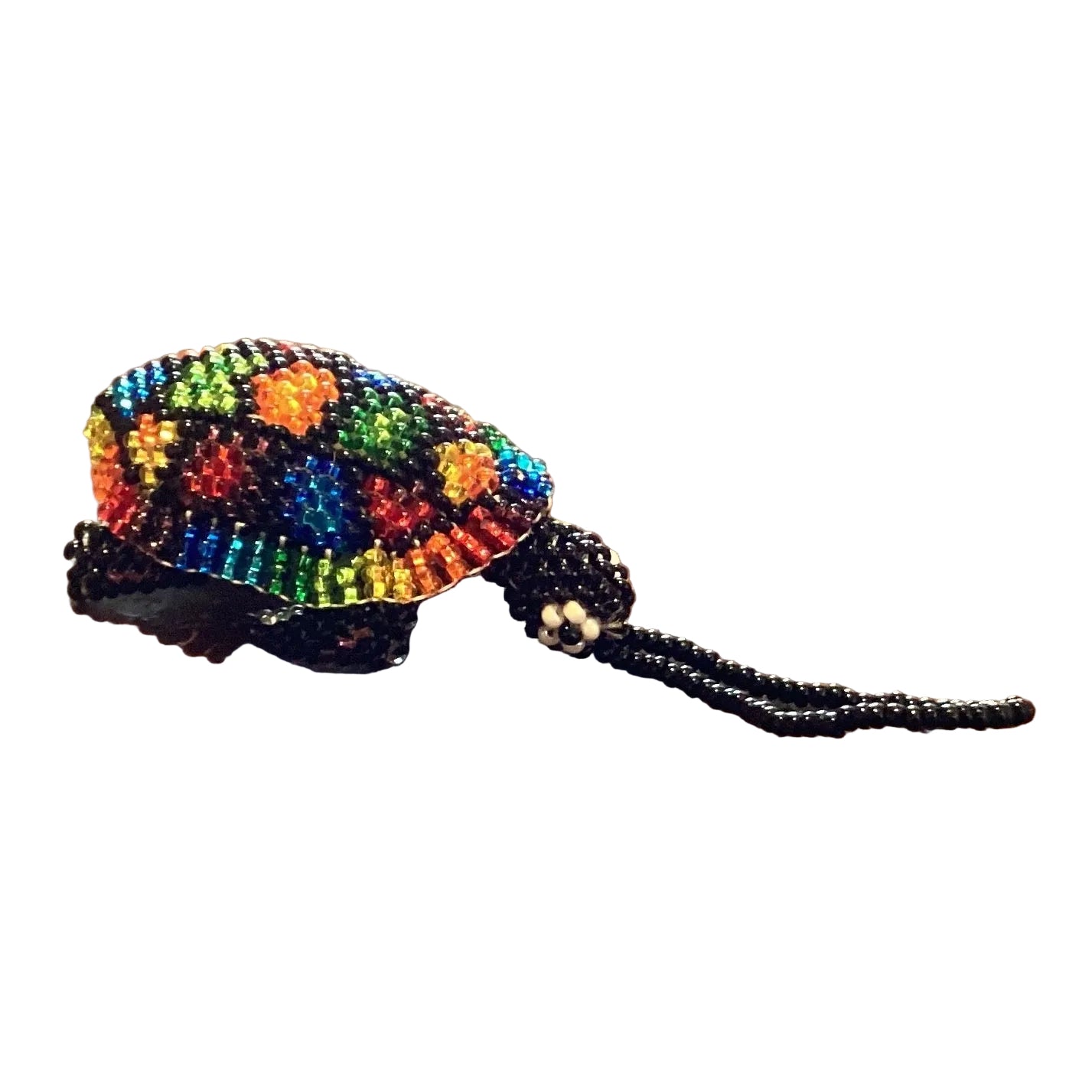 Handmade Mexican beaded turtle ornament by Jose Alberto Chavez, with colorful intricate seed bead design, suitable as a bag accessory.