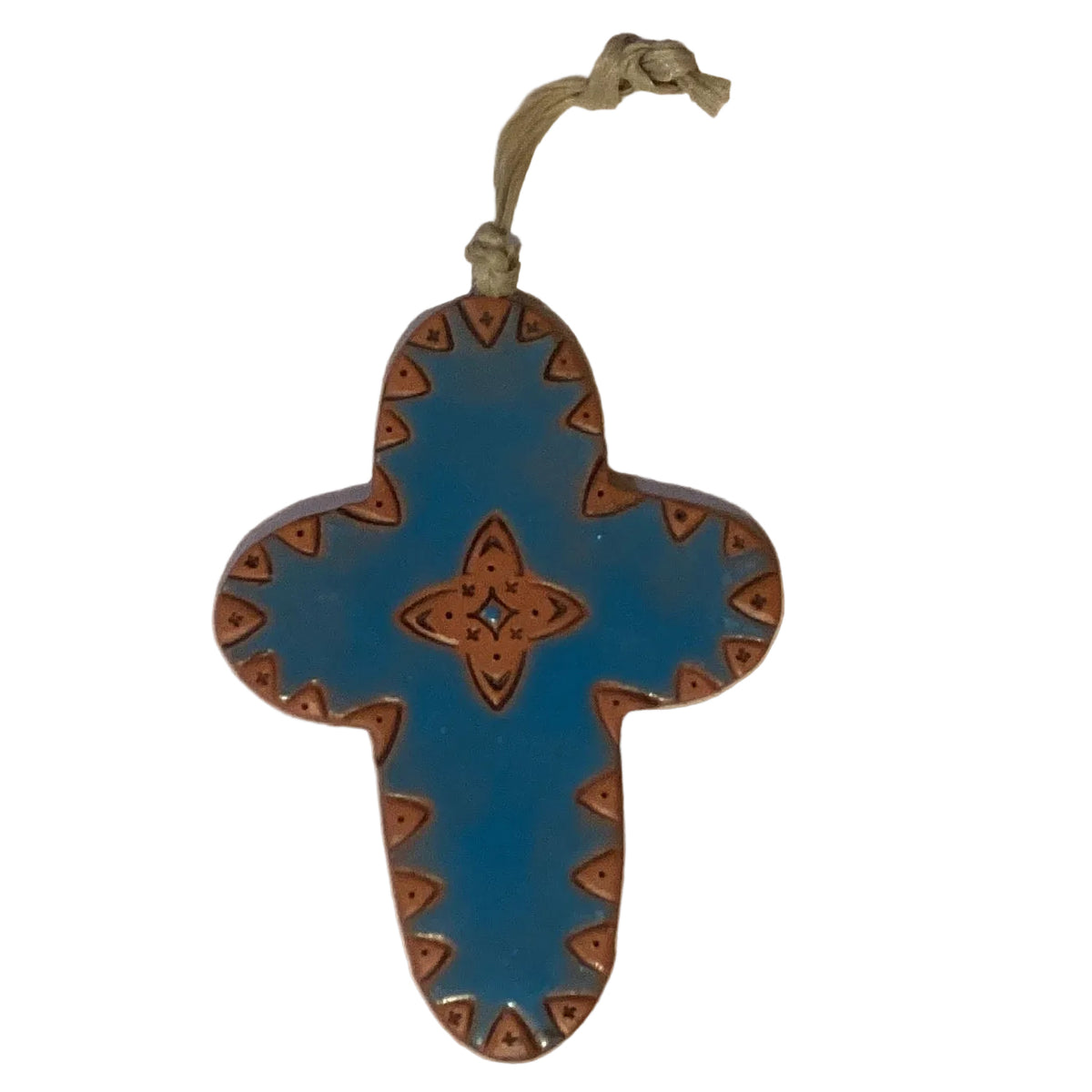 Handmade clay Catholic cross ornament, 3 inches tall, featuring Christian design, from Ysleta Mission Gift Shop.