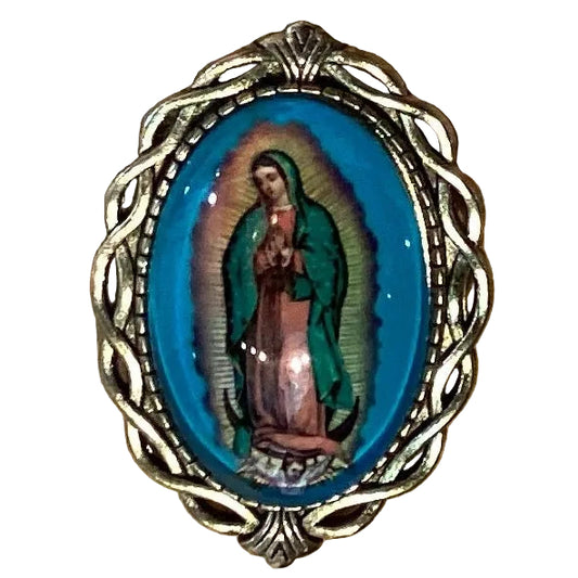 Virgin de Guadalupe 2-inch brooch, Catholic jewelry featuring religious imagery, from Ysleta Mission Gift Shop.