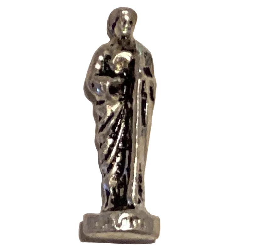 Metal Saint Jude Catholic statue, 1 inch tall, depicting Saint Jude with a compassionate expression and holding a staff.