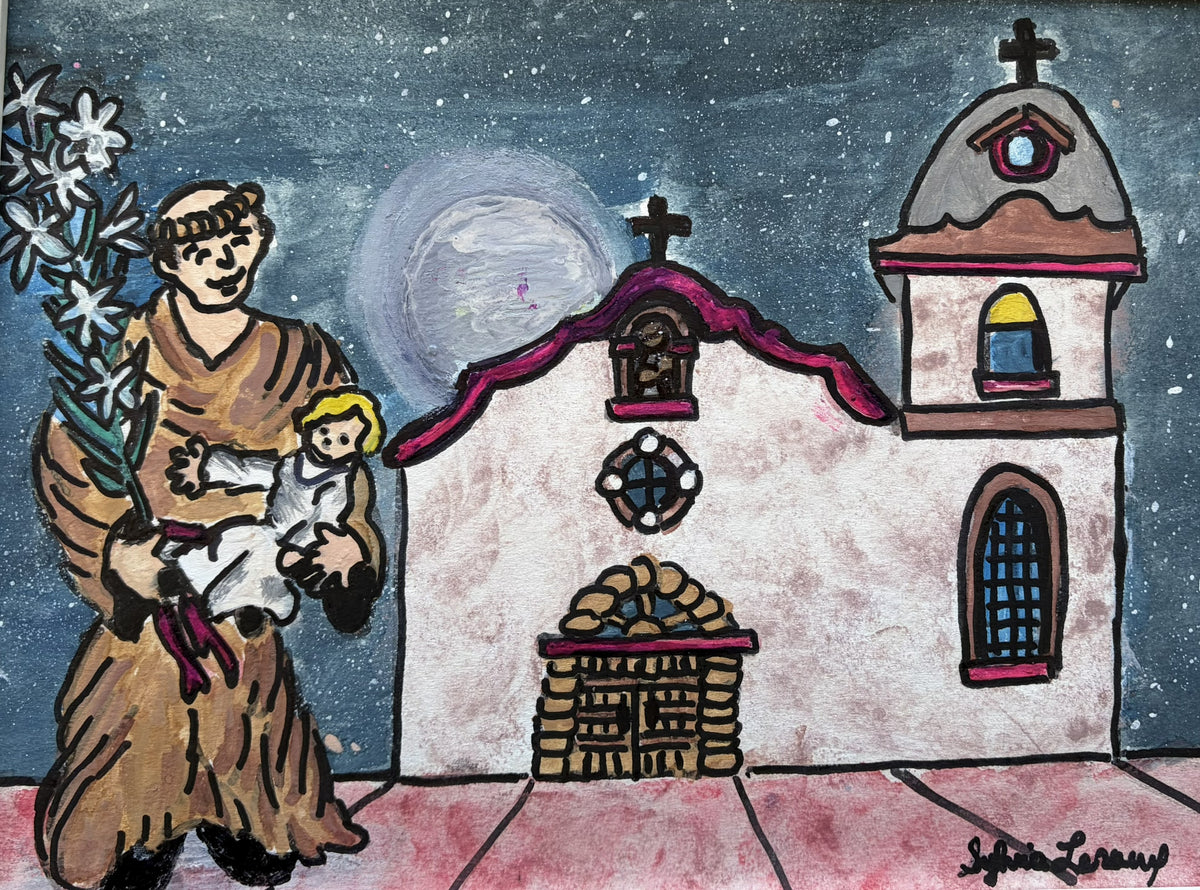 Ysleta Mission Saint Anthony magnet by Sylvia Leroux, featuring original artwork of Saint Anthony with a smiling face.