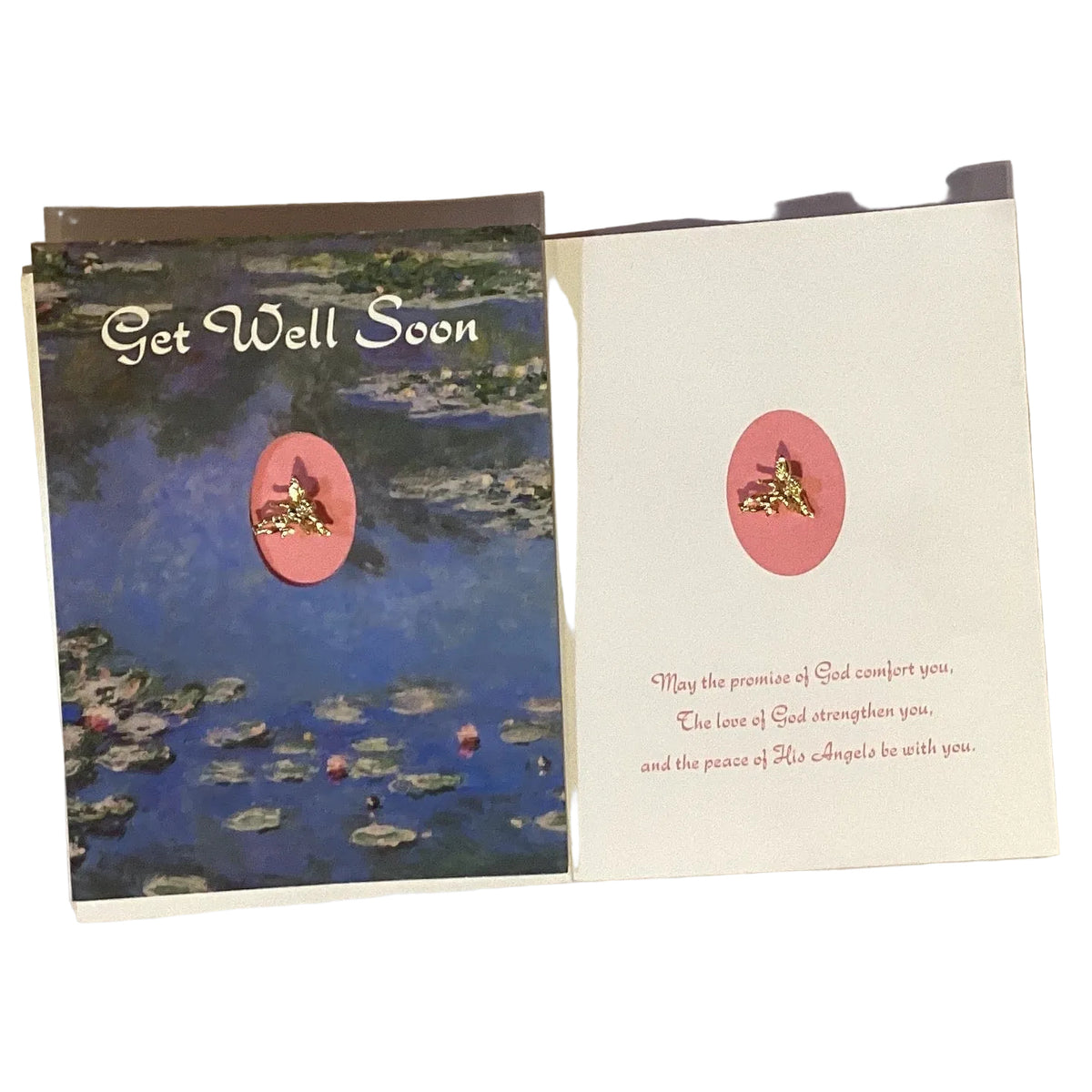 Catholic Get Well Soon religious greeting card featuring angel keepsake pin, with Christian-themed design and uplifting message.