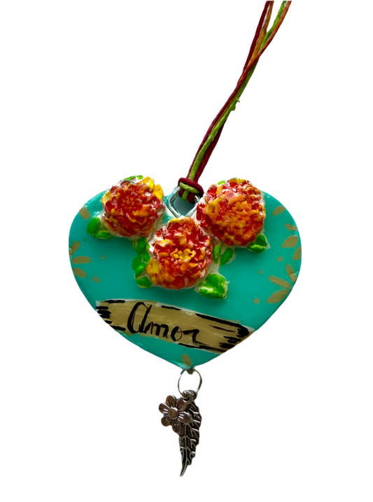 Teal air dry clay heart ornament with Amor lettering 2 x 2.5 in