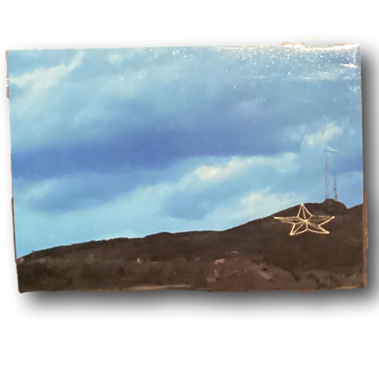 Blue sky with mountain and star magnet by Miguel Martinez, 2.5 x 3.5 inches, souvenir magnet with scenic mountain design