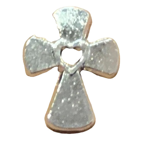 Silver heart cutout brooch with .75-inch size, featuring detailed design, from Ysleta Mission Gift Shop.