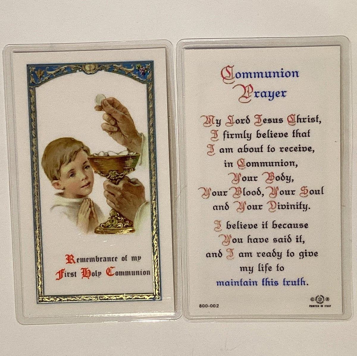 Laminated First Communion prayer card with Catholic Christian prayer design, featuring religious symbols and heartfelt message.