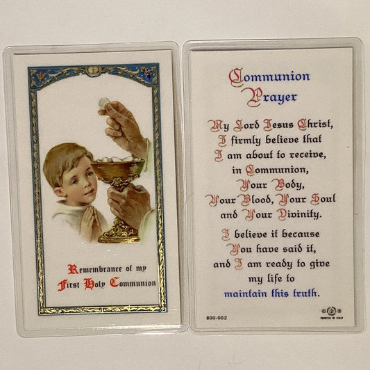 Laminated First Communion prayer card with religious design and heartfelt message, ideal for young children celebrating their Communion.