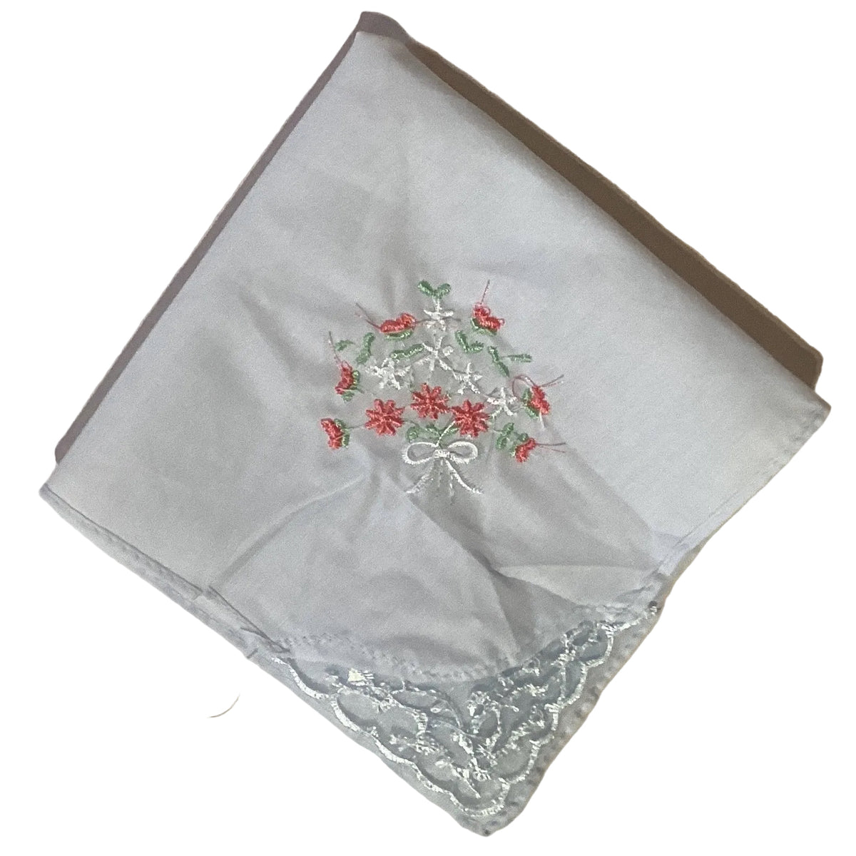 Cotton embroidered handkerchief with floral design, 10x10 inches, from Ysleta Mission Gift Shop, ideal for tablescape decor.